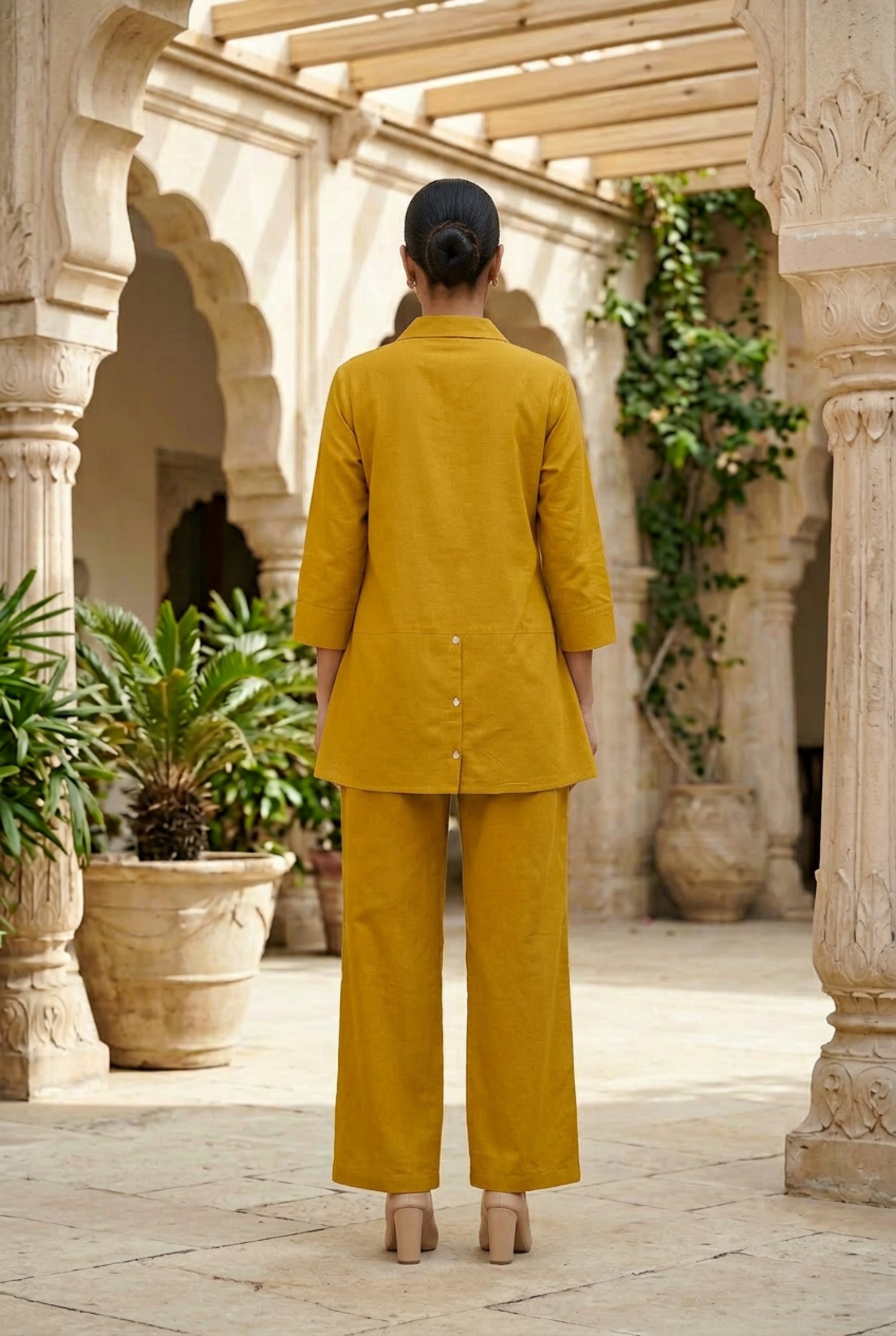 Mustard Nature Leaf Embroidered Two-Piece Cotton Co-ord Set