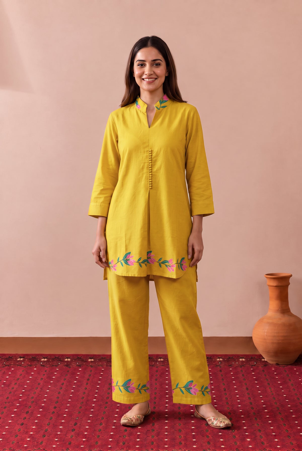 Mustard Botanical Border Printed Cotton Co-ord Set
