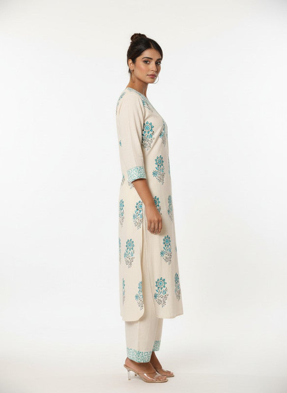 Cream & Aqua Floral Printed Straight Kurta with Palazzo Pants