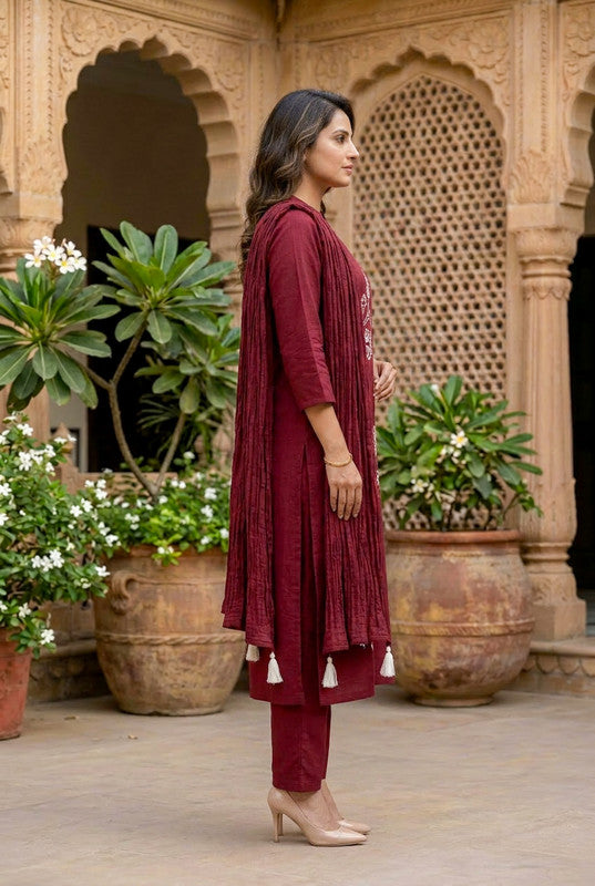 Maroon Charm Floral Embroidered Cotton Kurta Set with Tassel Dupatta