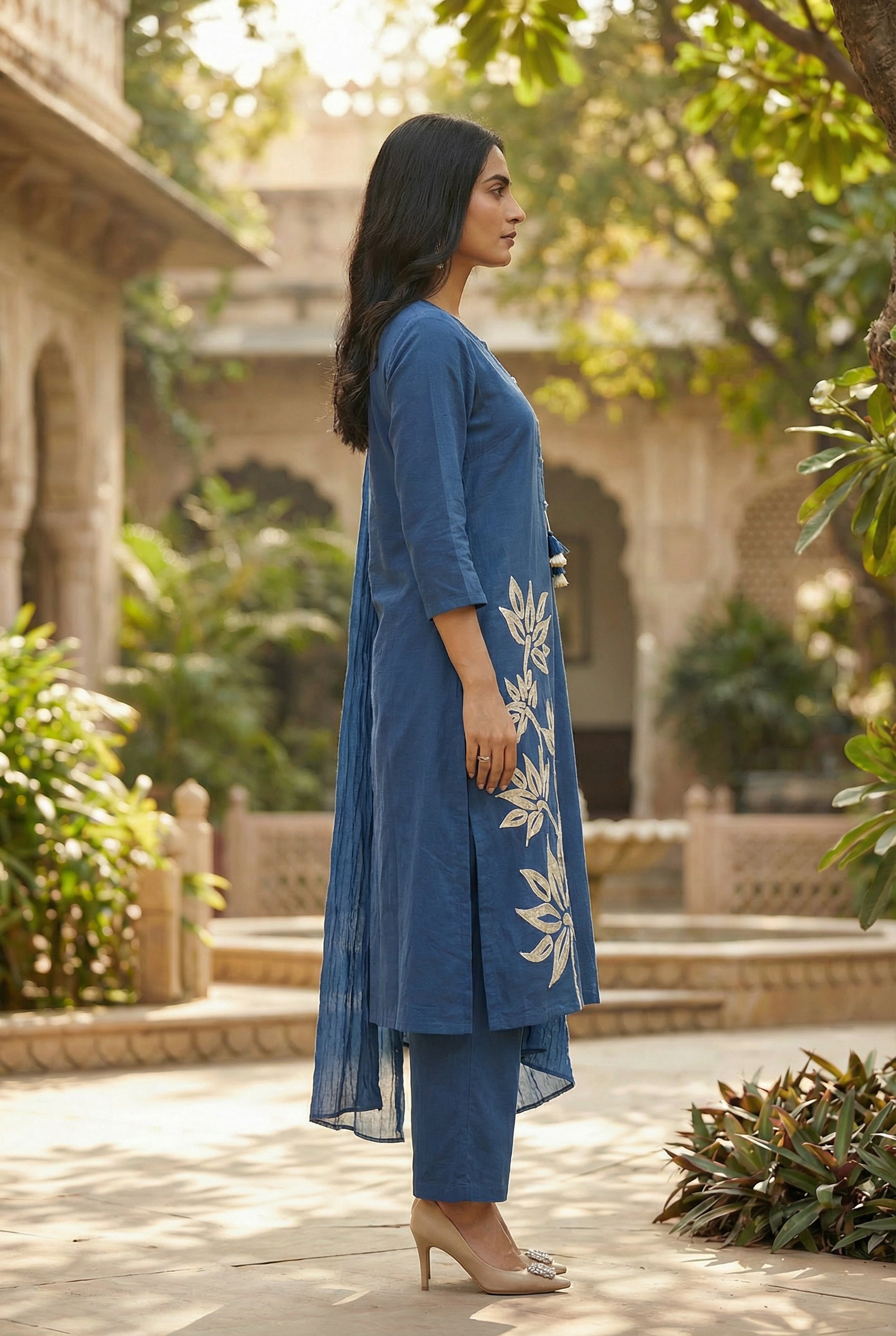Blue Botanical Nature Leaf Embroidered Cotton Kurta Pant Set with Dupatta