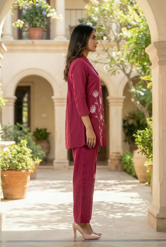 Maroon Floral Elegance Threadwork Embroidered Cotton Co-ord Set