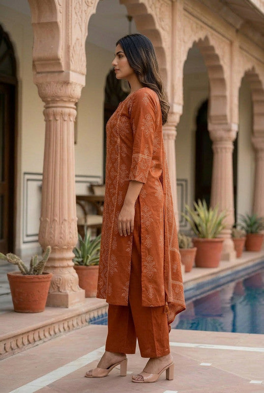 Rust Ethnic Printed Cotton Straight Kurta Pant Set with Dupatta
