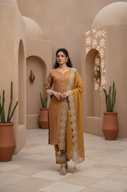 Brown Embroidered Kurta Pant Set with Dupatta