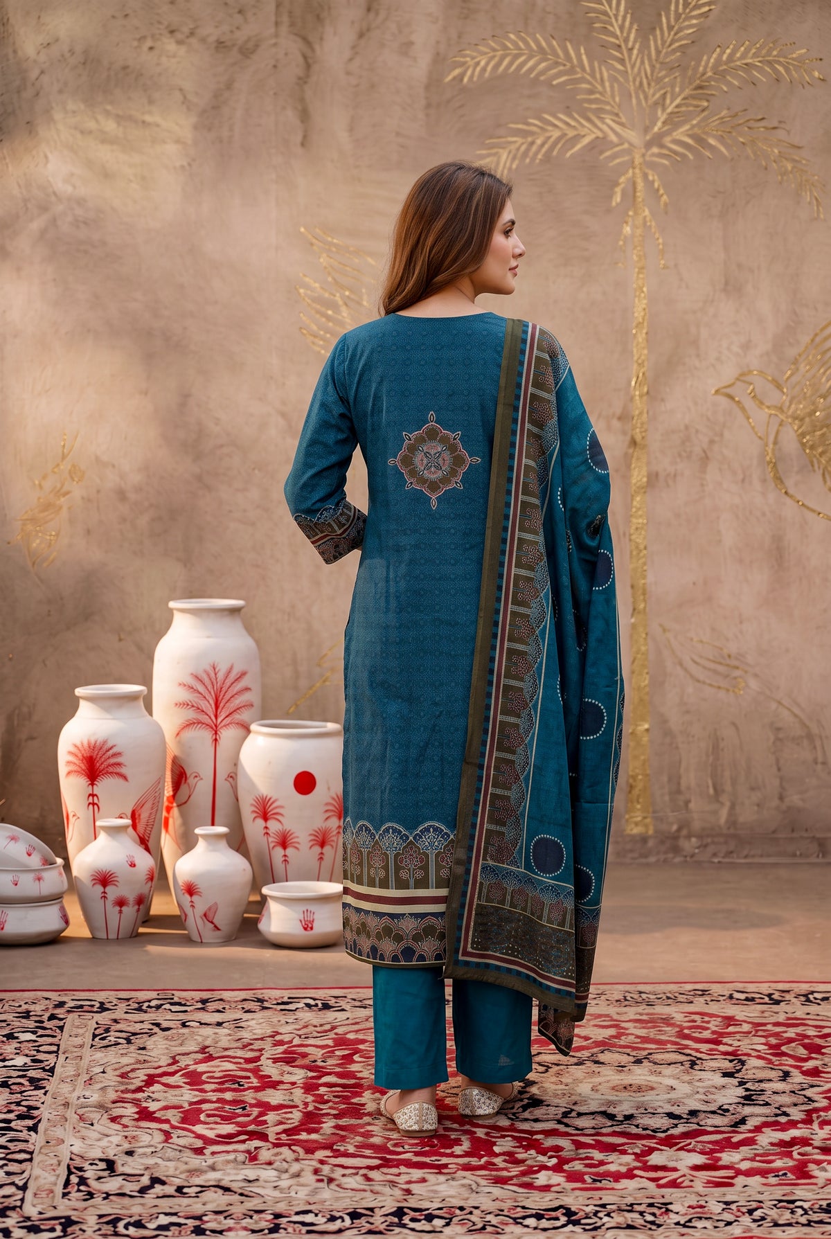 Teal Blue Printed Cotton Kurta Set with Dupatta