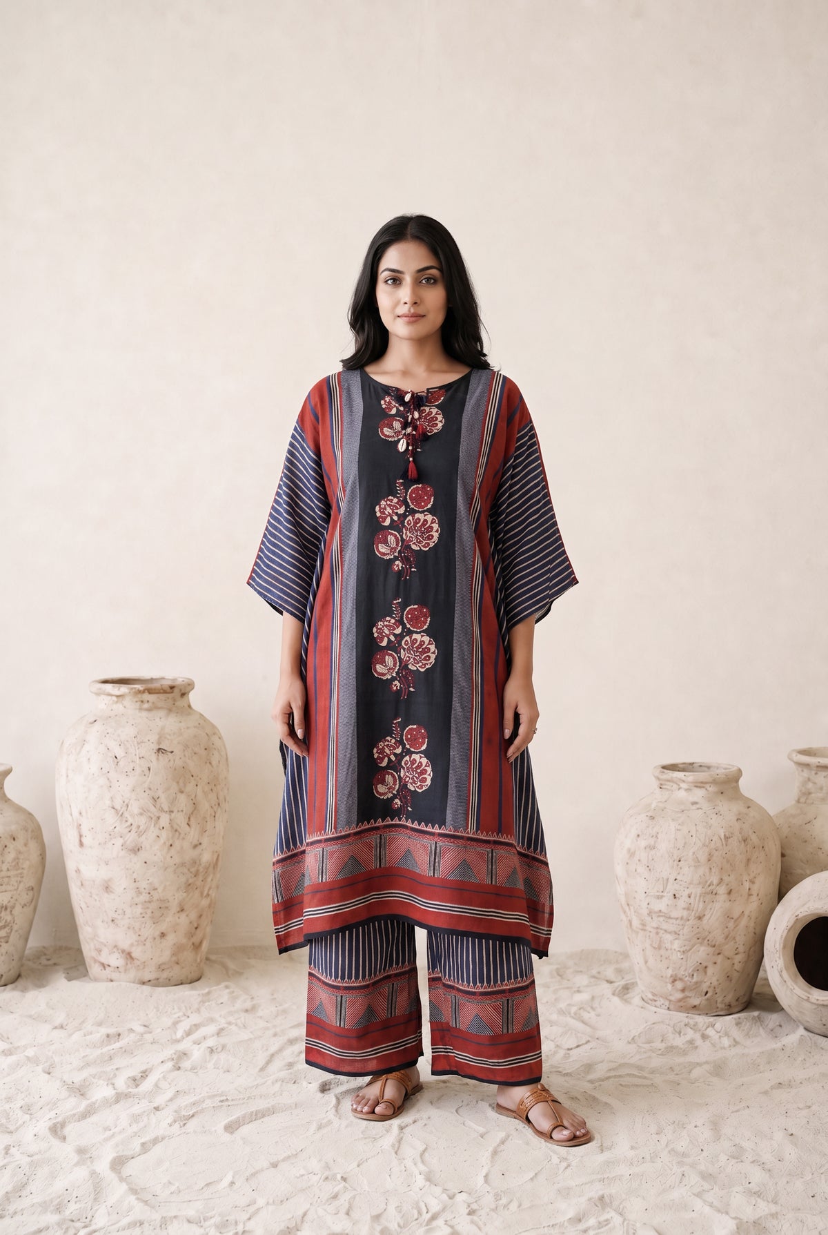 Amaira Navy Blue & Red Floral Printed Muslin Kaftan Set