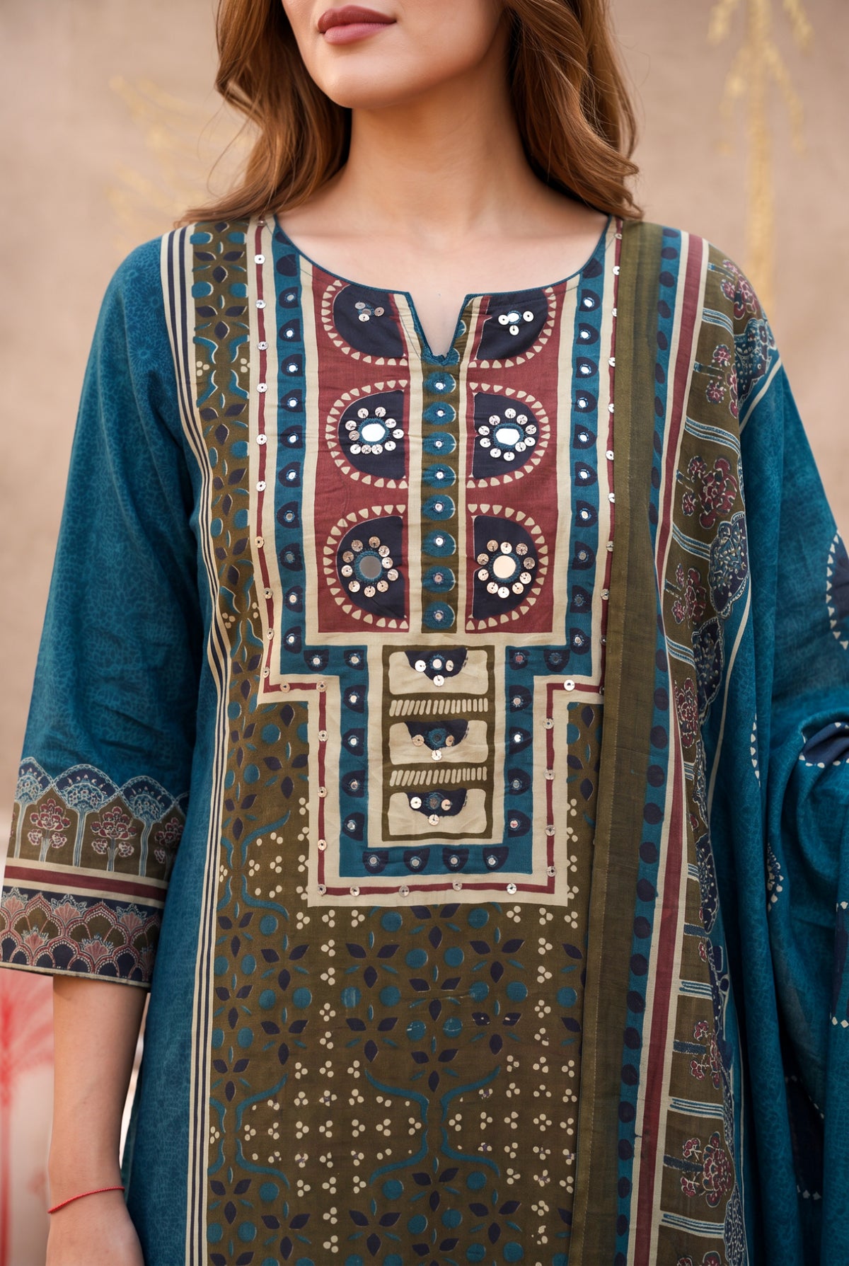 Teal Blue Printed Cotton Kurta Set with Dupatta