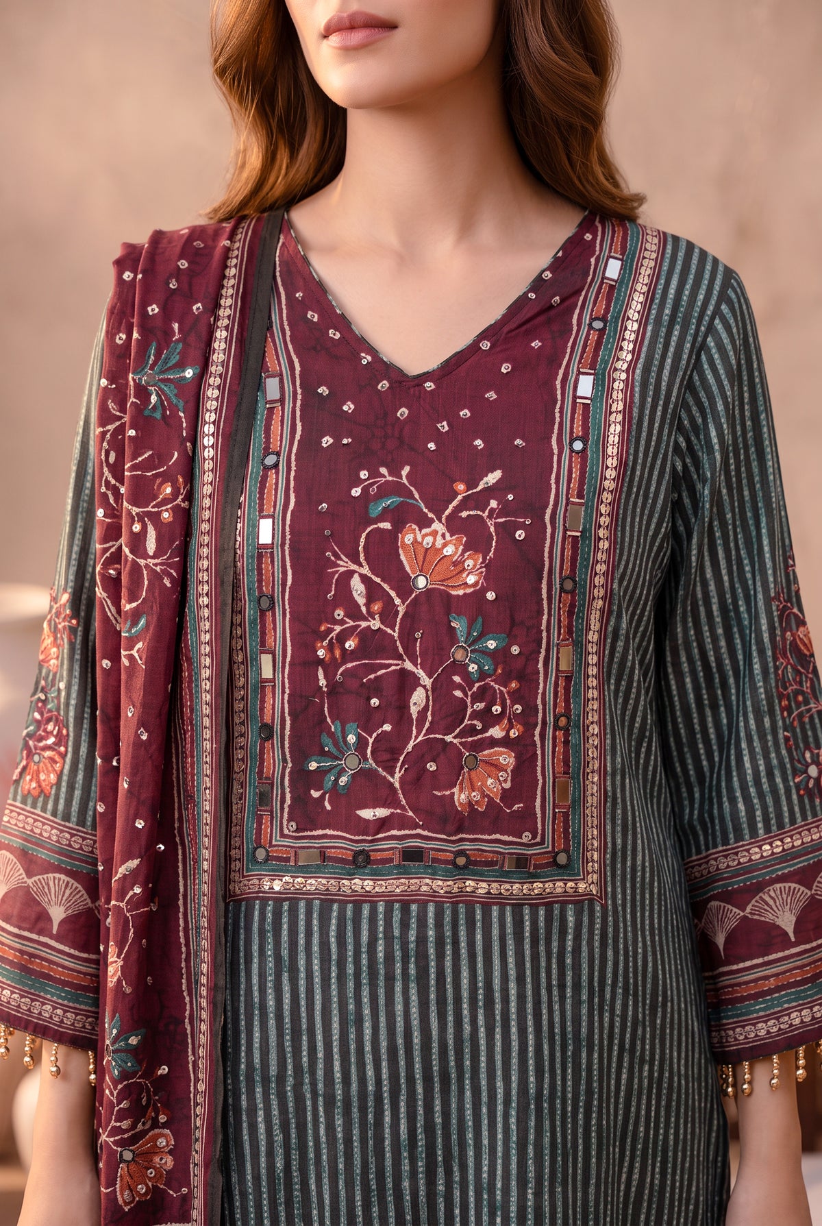 Multicolour Printed Natural Crepe Kurta Set with Dupatta