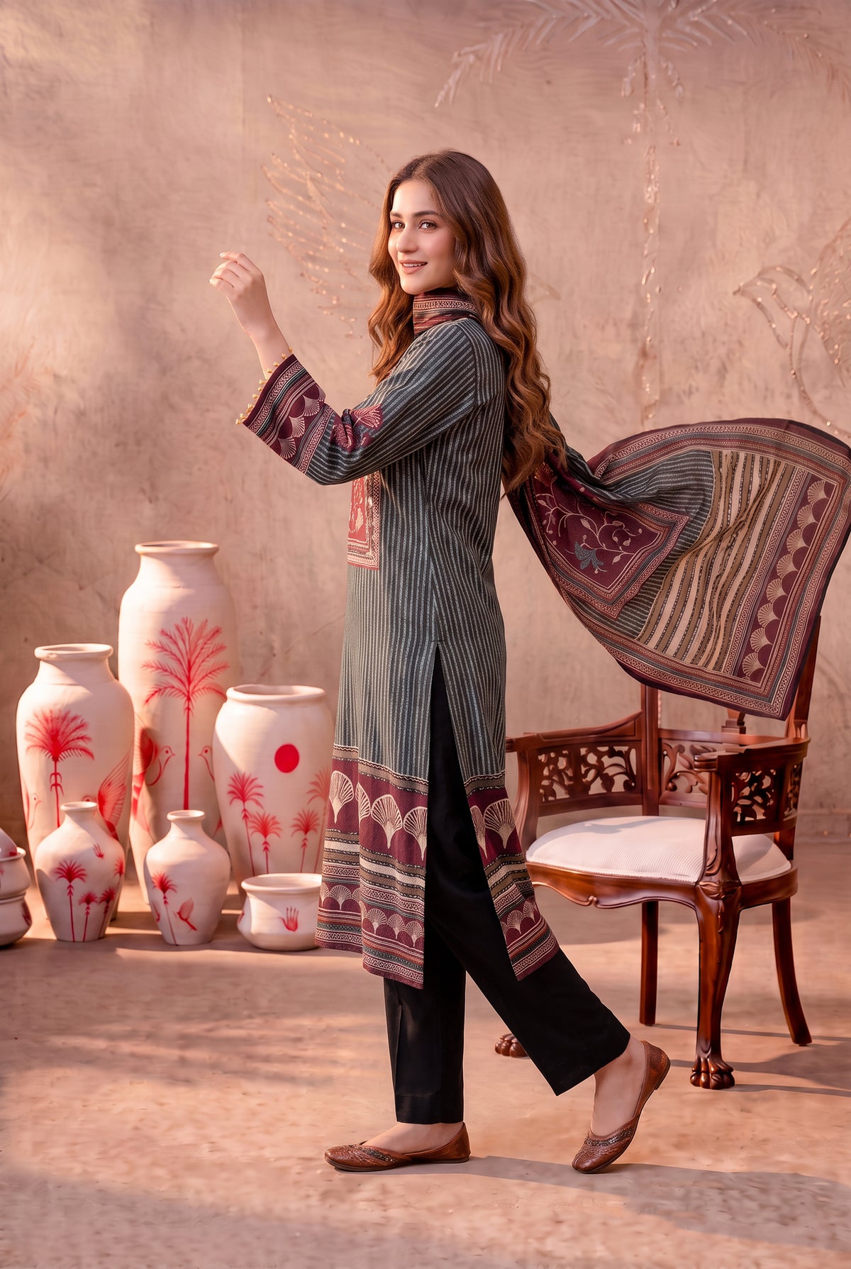 Multicolour Printed Natural Crepe Kurta Set with Dupatta
