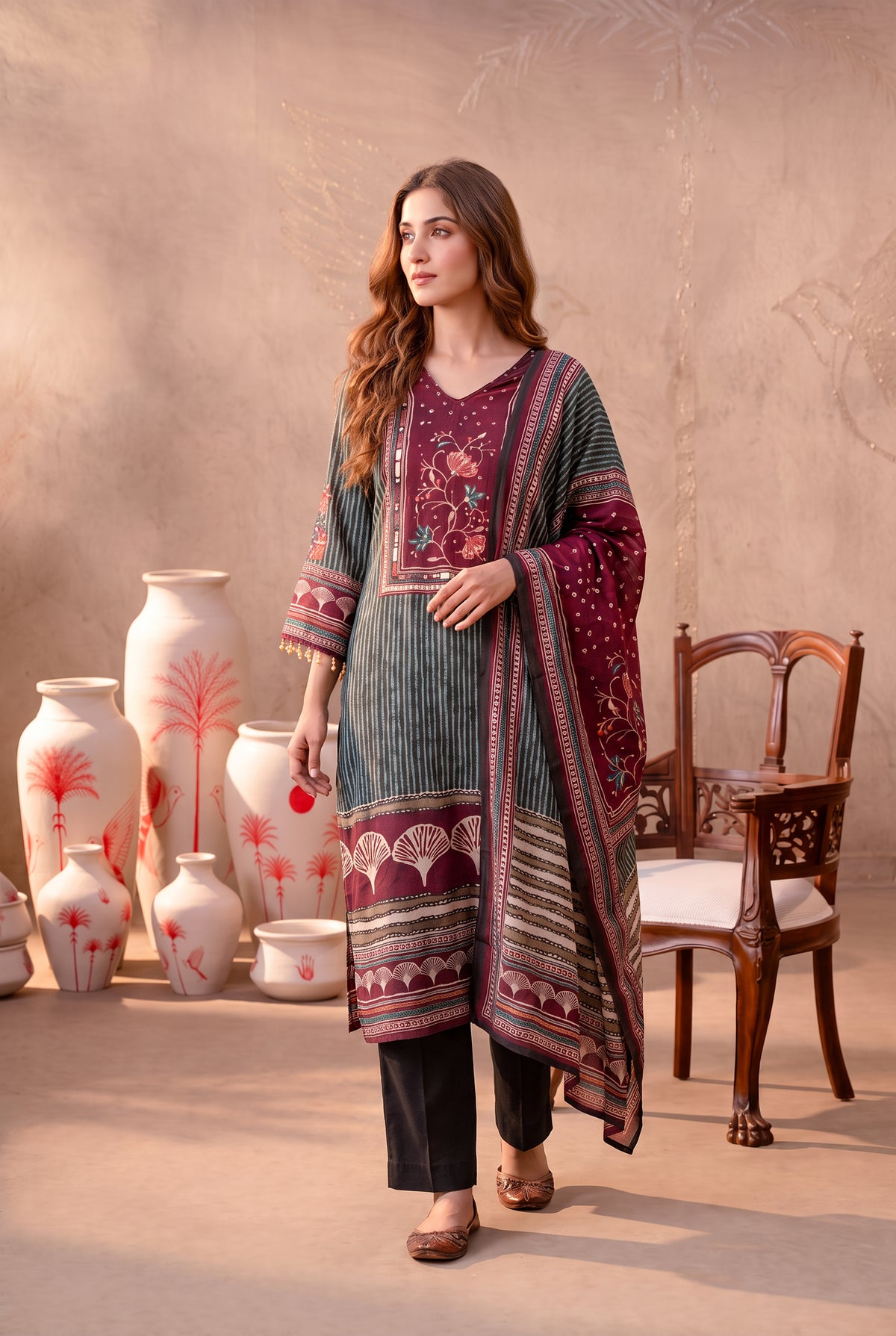 Multicolour Printed Natural Crepe Kurta Set with Dupatta