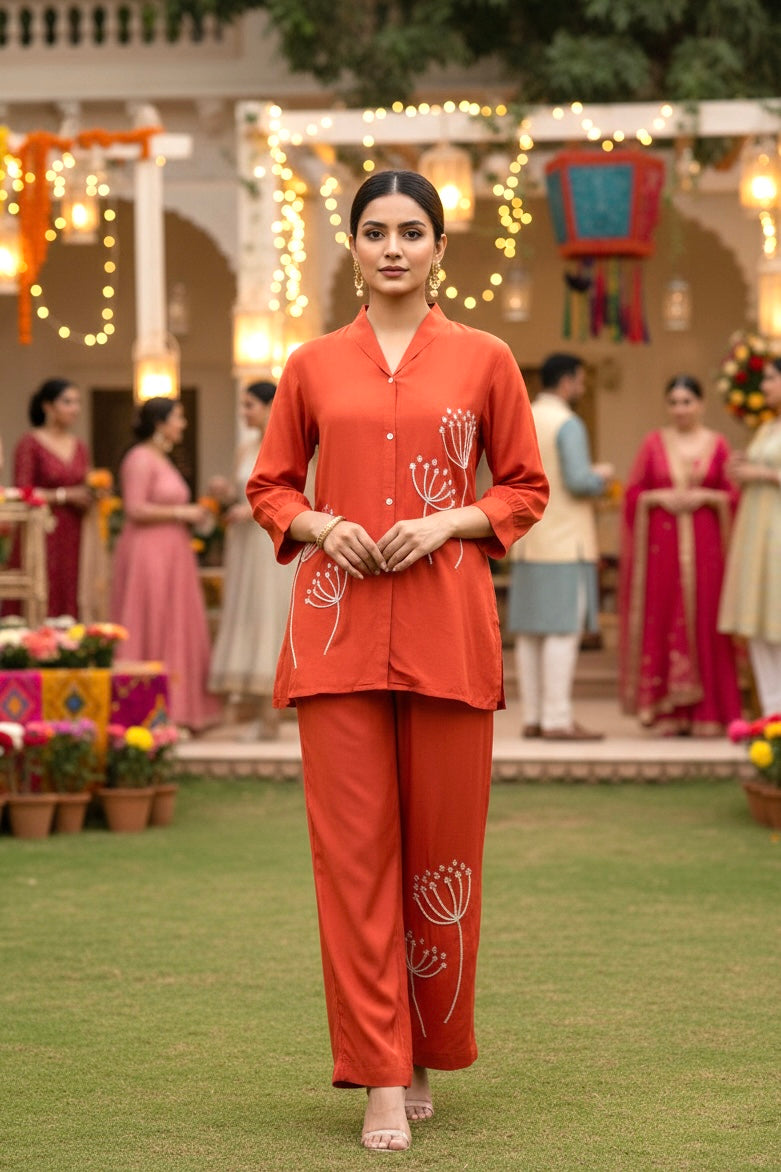 Rust Blossom Embroidered Russian Silk Co-ord Set