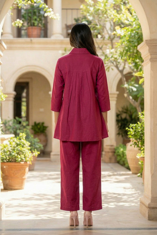 Maroon Floral Elegance Threadwork Embroidered Cotton Co-ord Set