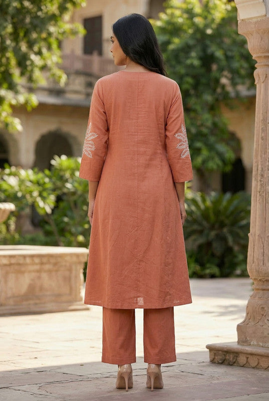 Peach Leaf Pleated Detail Embroidered Cotton Co-ord Set