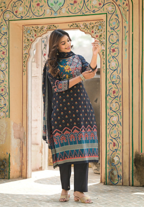 Classic Black Ethnic Printed Kurta Pant Set with Dupatta