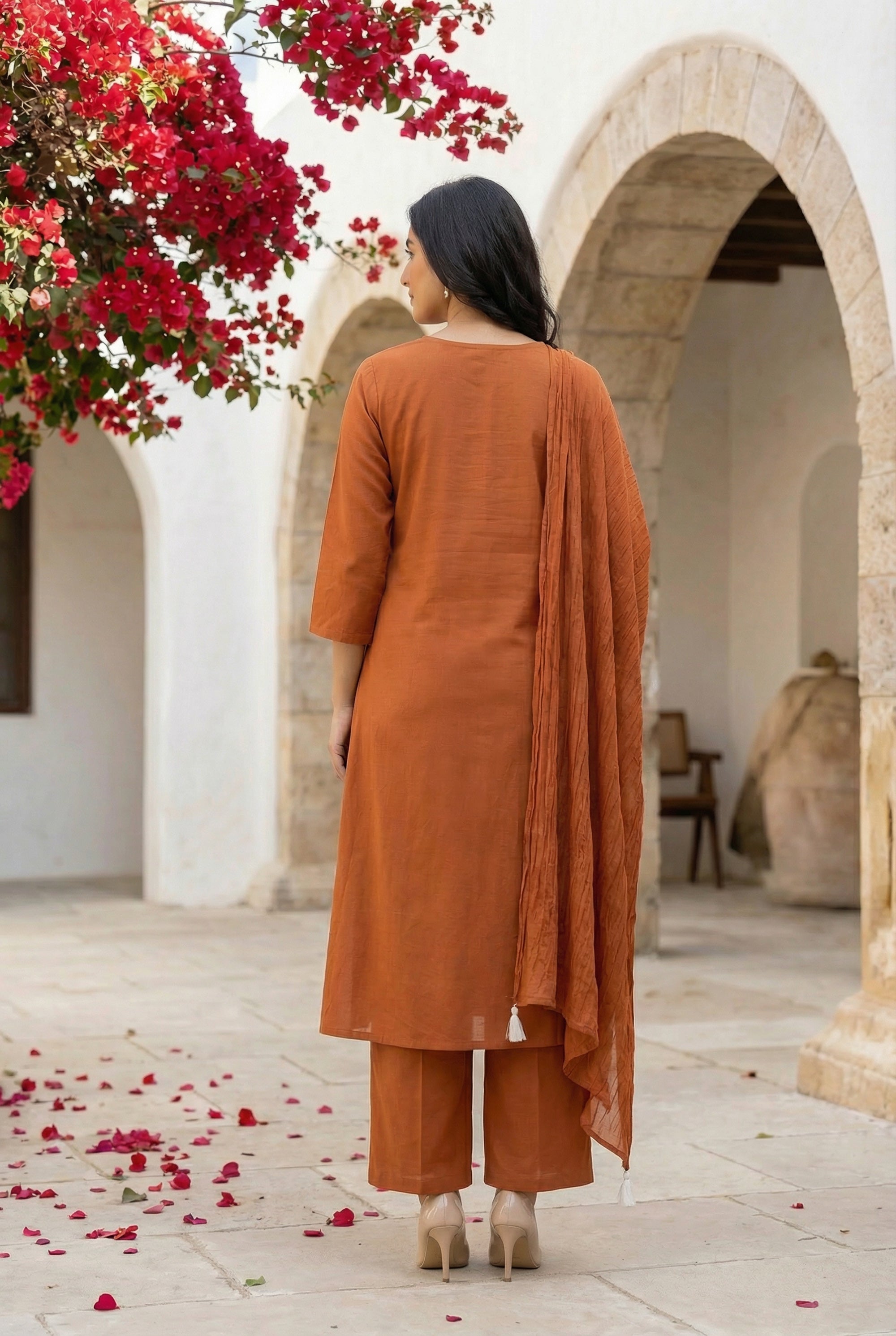 Rust Nature Leaf Embroidered Design Cotton Kurta Pant Set with Dupatta