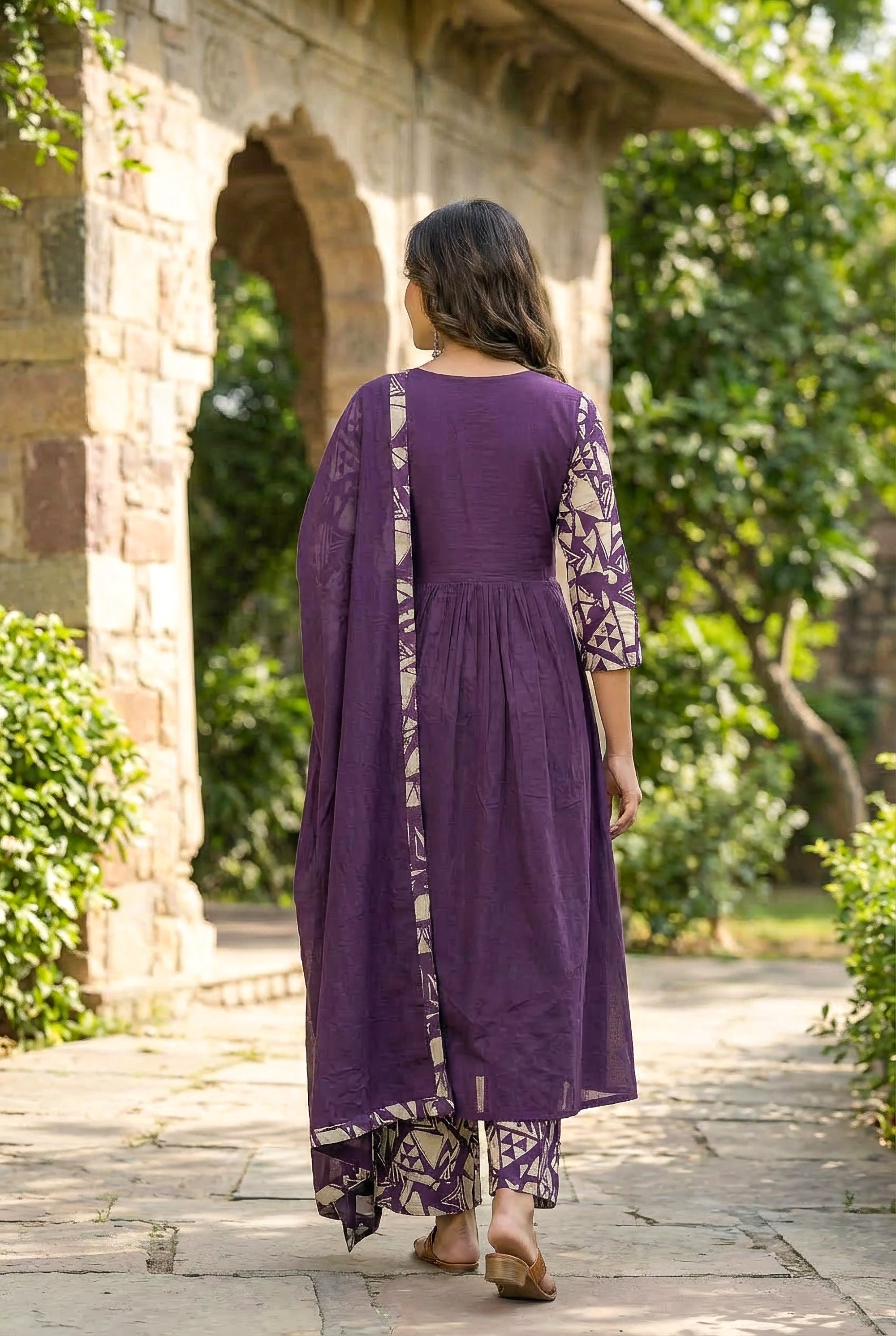 Purple Printed Cotton Kurta Set with Dupatta