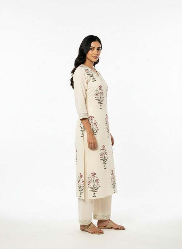 Graceful Ivory Floral Printed Kurta Set with Lace Border Detailing