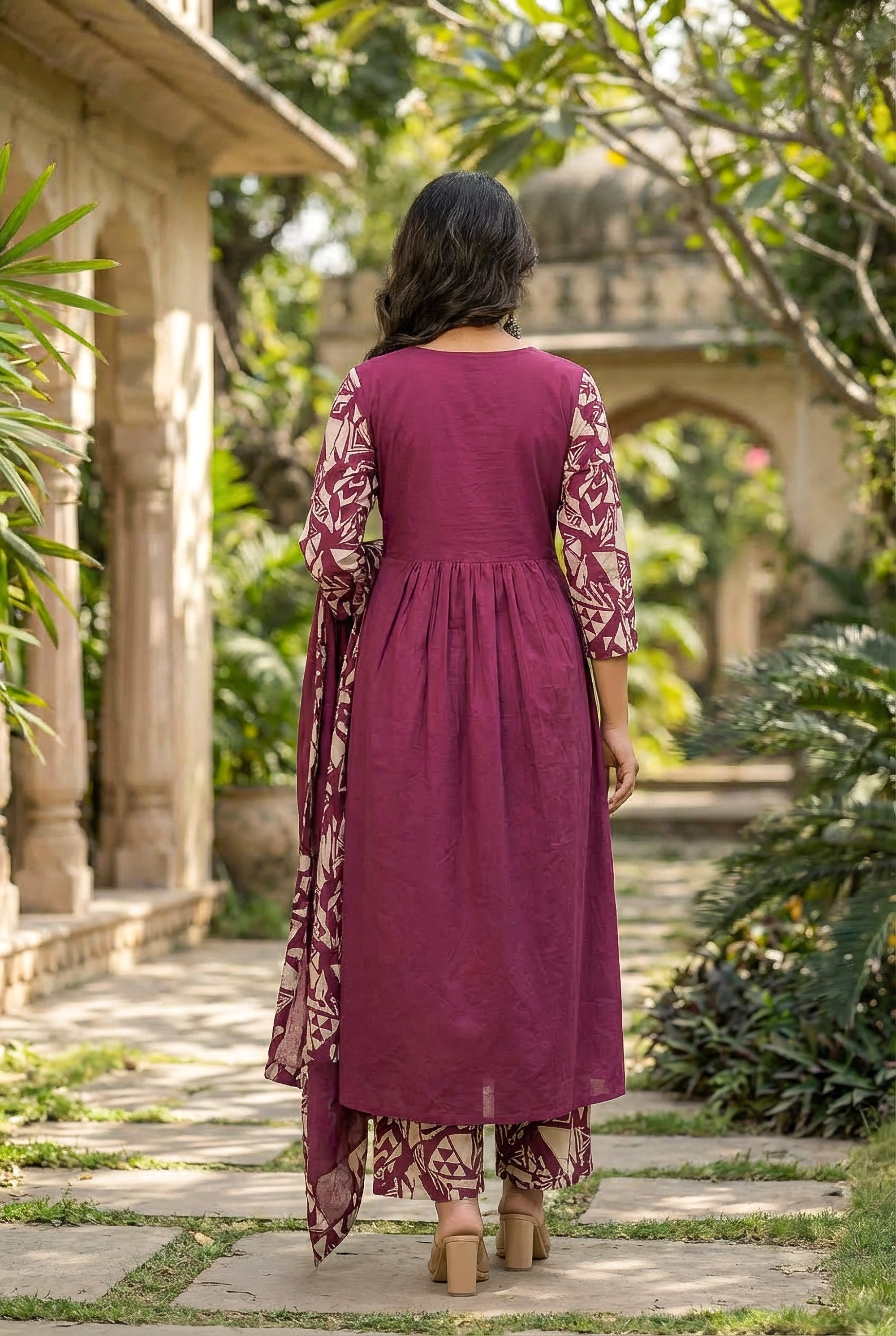 Maroon Printed Cotton Kurta Set with Dupatta