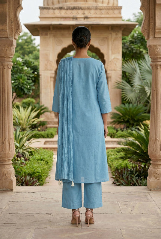 Blue Lotus Placement Embroidered Cotton Kurta Set with Dupatta