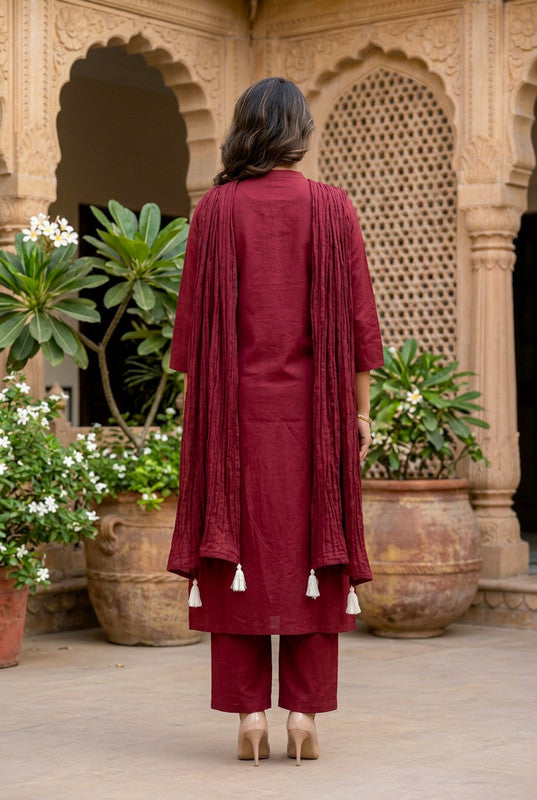 Maroon Charm Floral Embroidered Cotton Kurta Set with Tassel Dupatta
