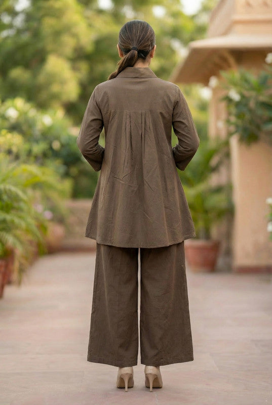 Coffee Brown Embroidered Floral Line Cotton Co-ord Set