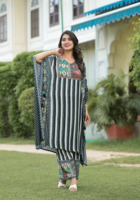 Black & Ivory Striped Printed Kaftan Set