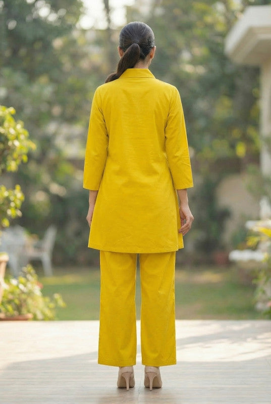 Yellow Sunbeam Leaf Embroidered Button-Down Cotton Co-ord Set