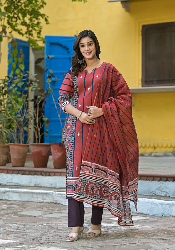 Classic Rust Red Ethnic Motif Printed Kurta Set with Dupatta