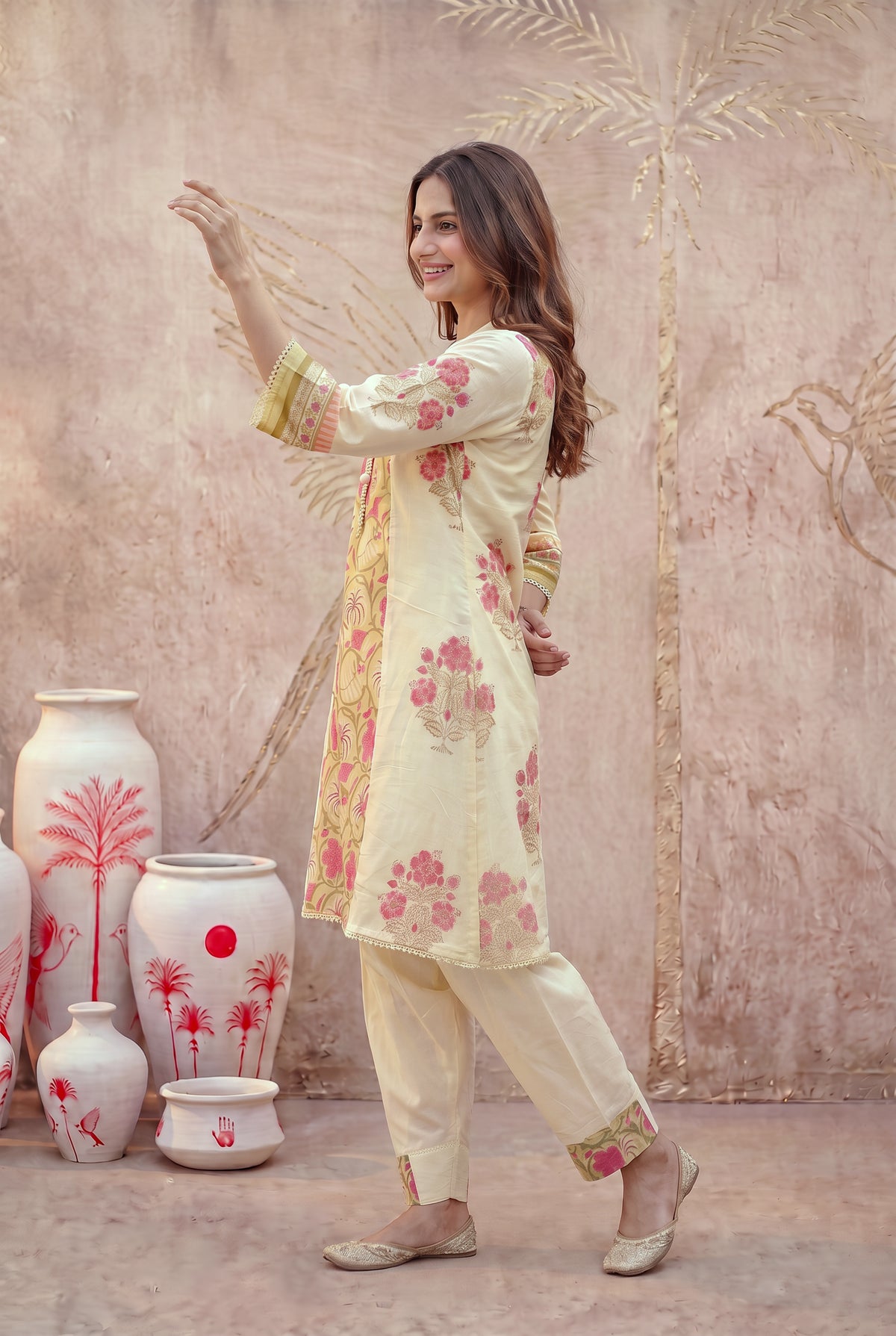 Cream Floral Printed Mul Cotton Kurta Set