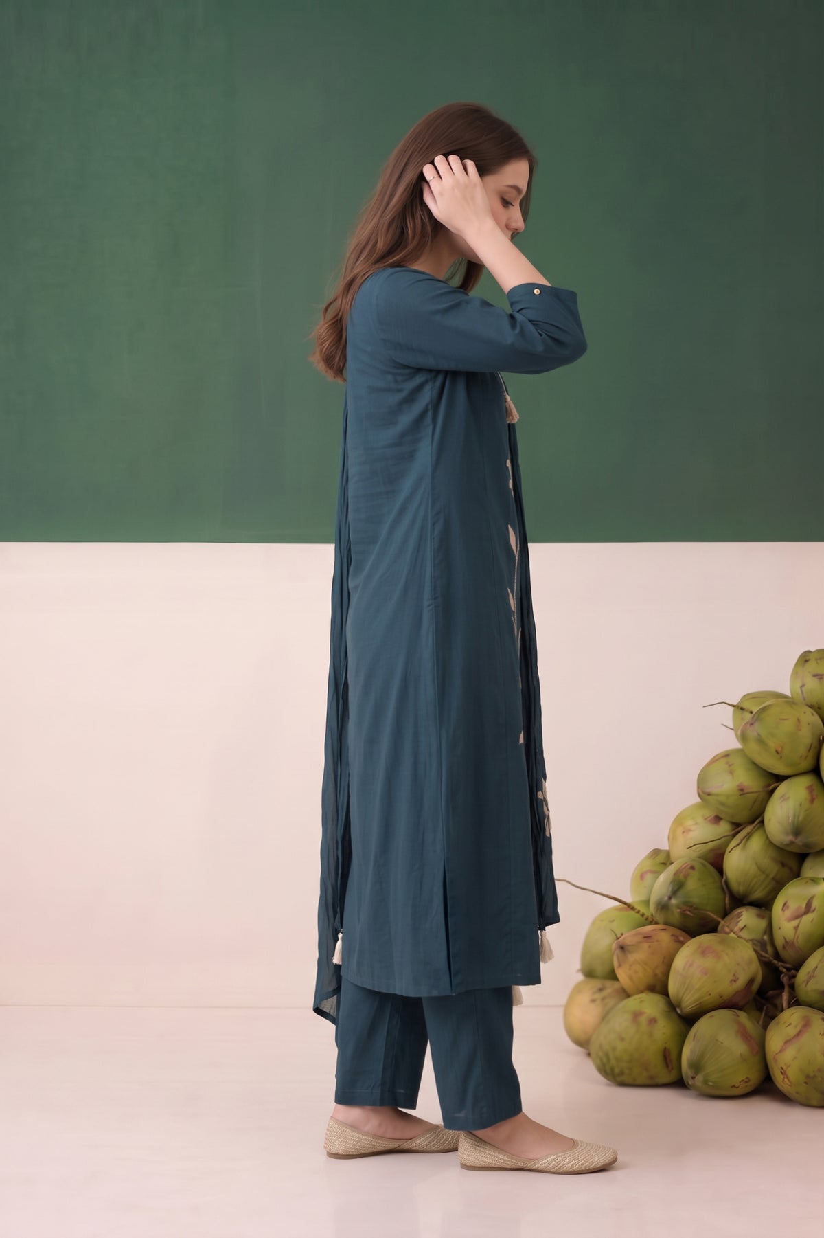 Blue Floral Embroidered Cotton Kurta Set with Dupatta