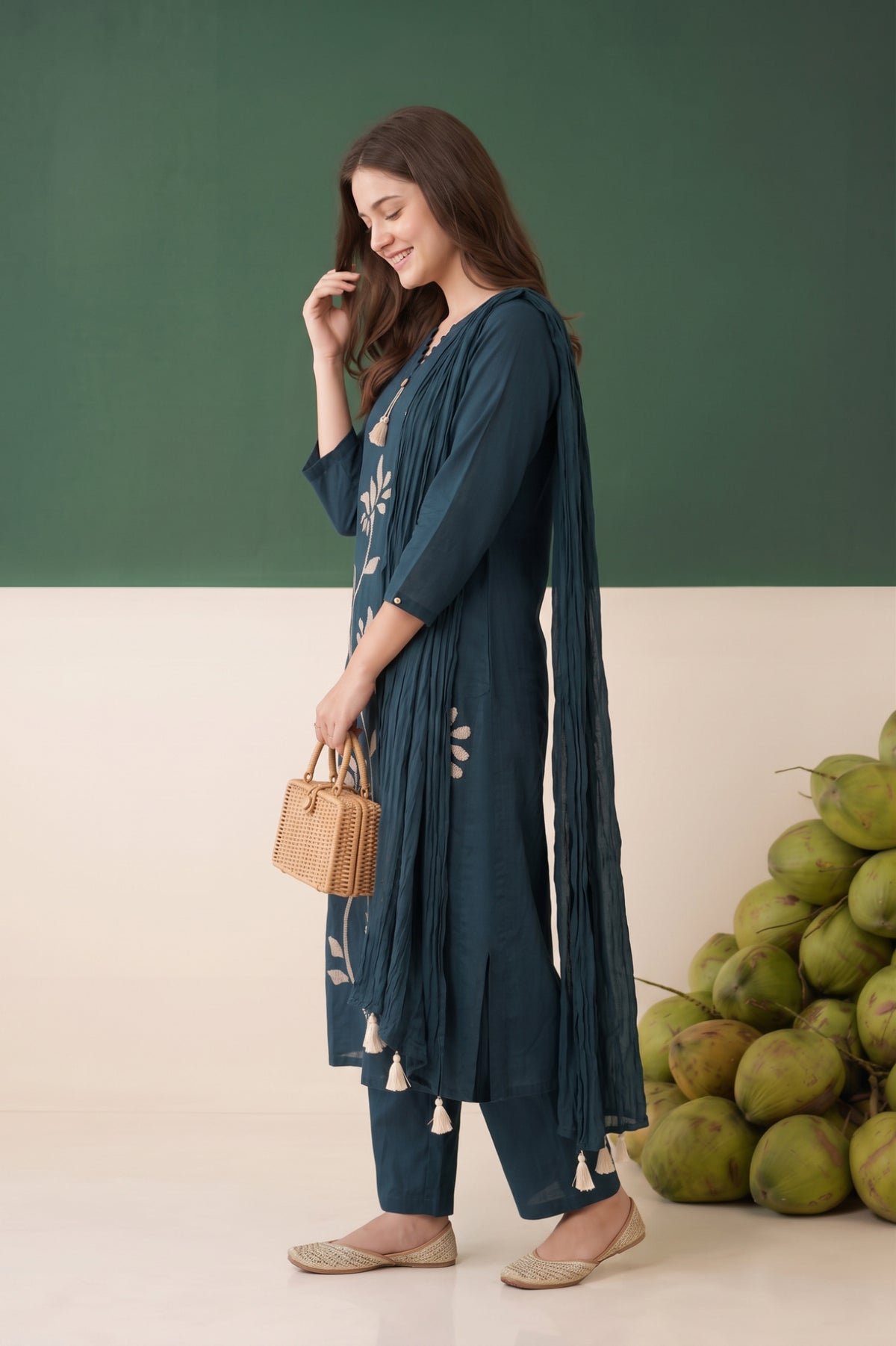 Blue Floral Embroidered Cotton Kurta Set with Dupatta