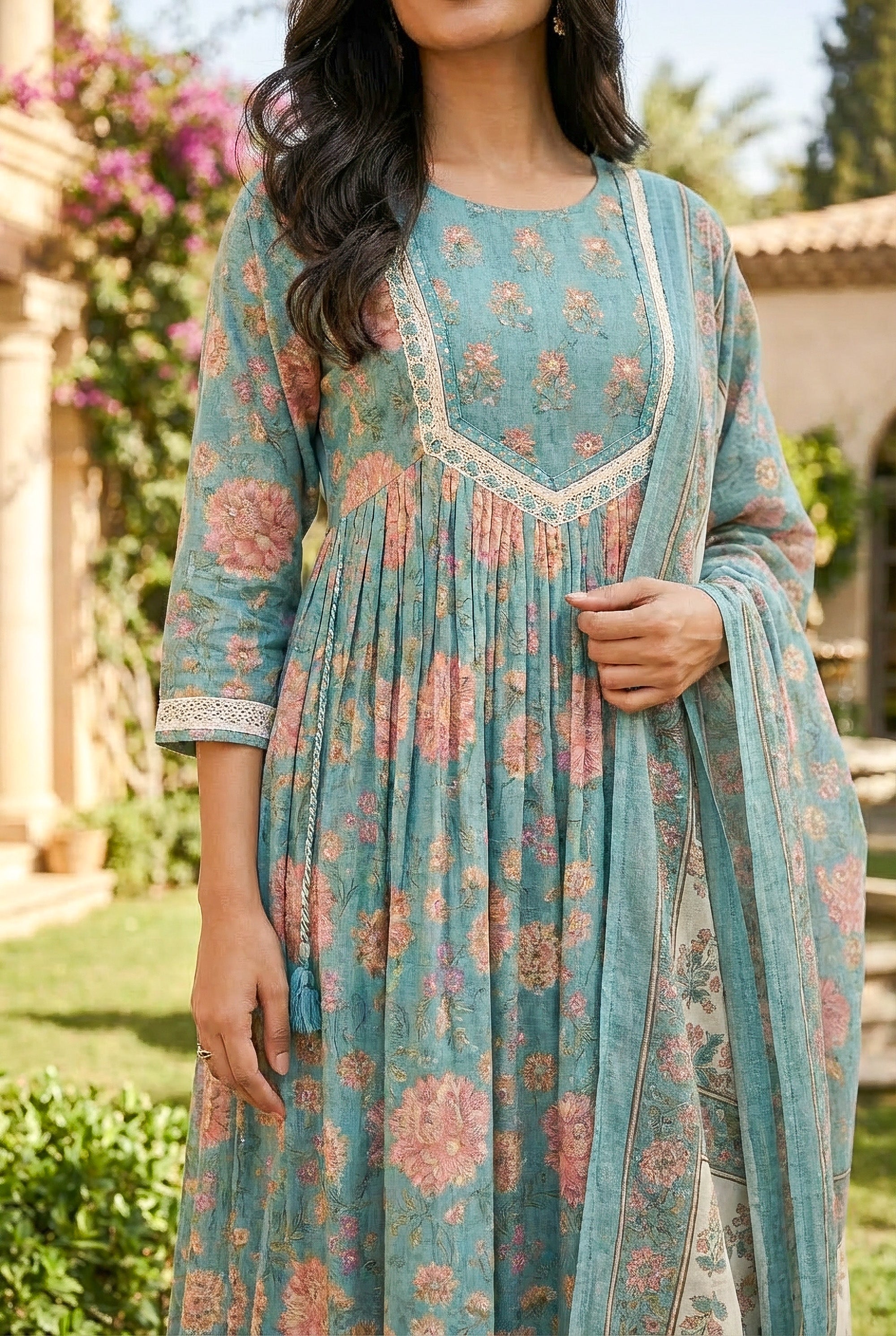 Elegant Teal Floral Anarkali Kurta Pant Set with Dupatta