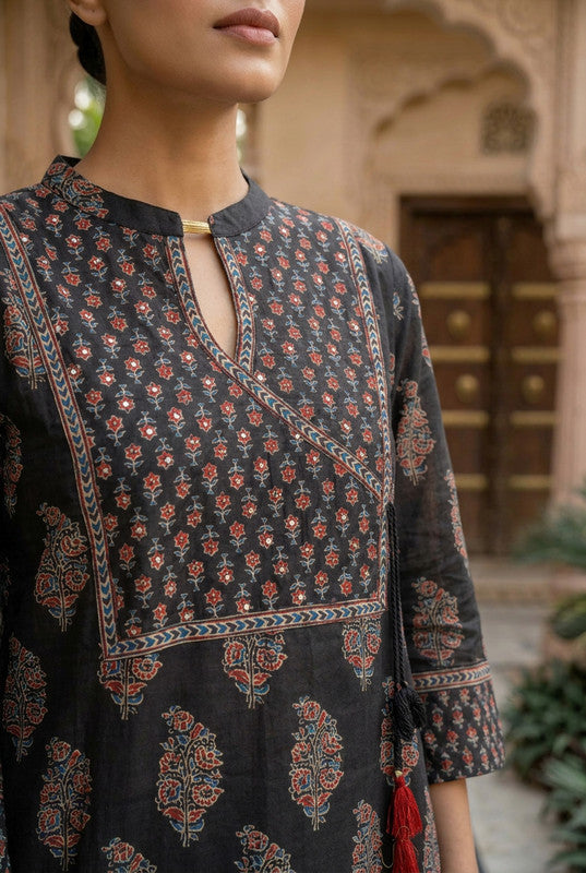 Black Ajrakh Inspired Printed Cotton Kurta Pant Dupatta Set