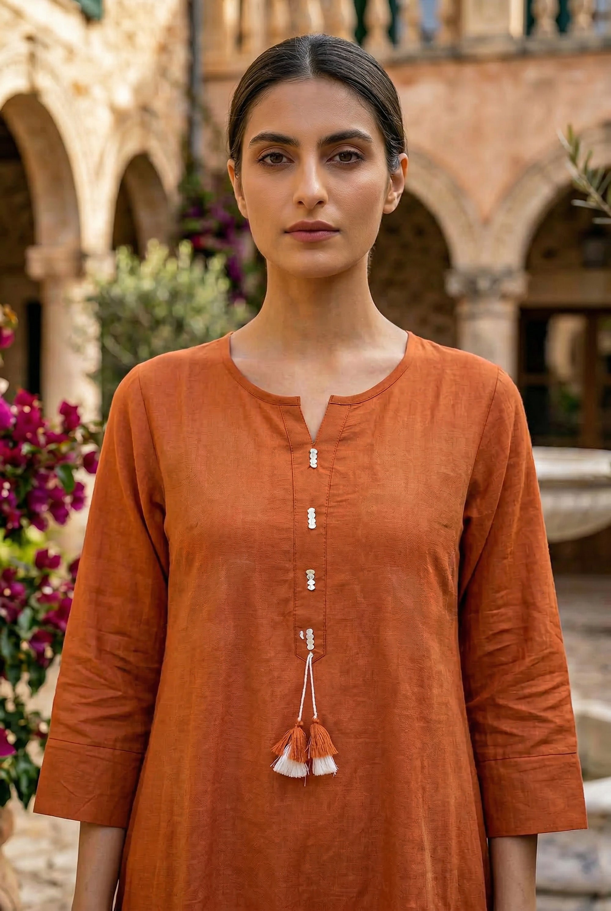 Rust Floral Botanical Ethnic Embroidered Cotton Kurta Set with Dupatta