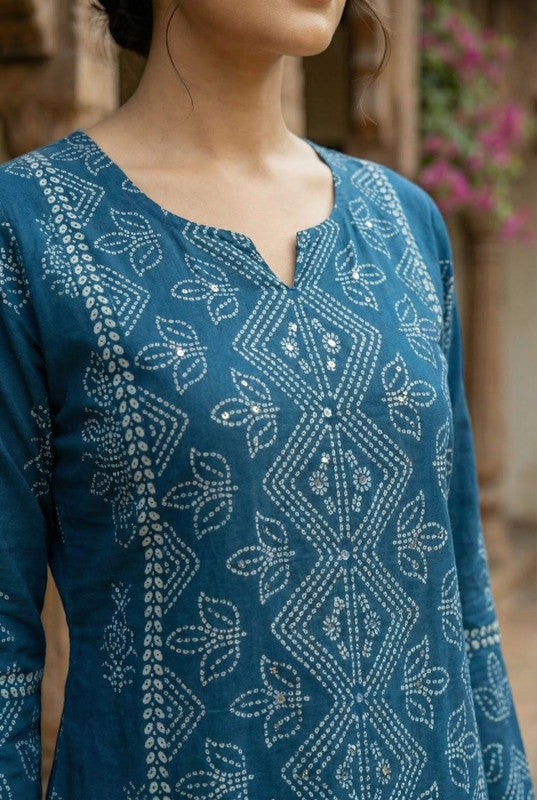 Jaipur Blue Handcrafted Printed Cotton Kurta Set with Tassel Dupatta