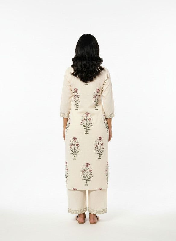 Graceful Ivory Floral Printed Kurta Set with Lace Border Detailing