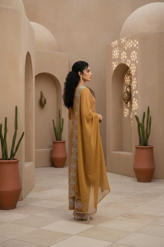 Brown Embroidered Kurta Pant Set with Dupatta