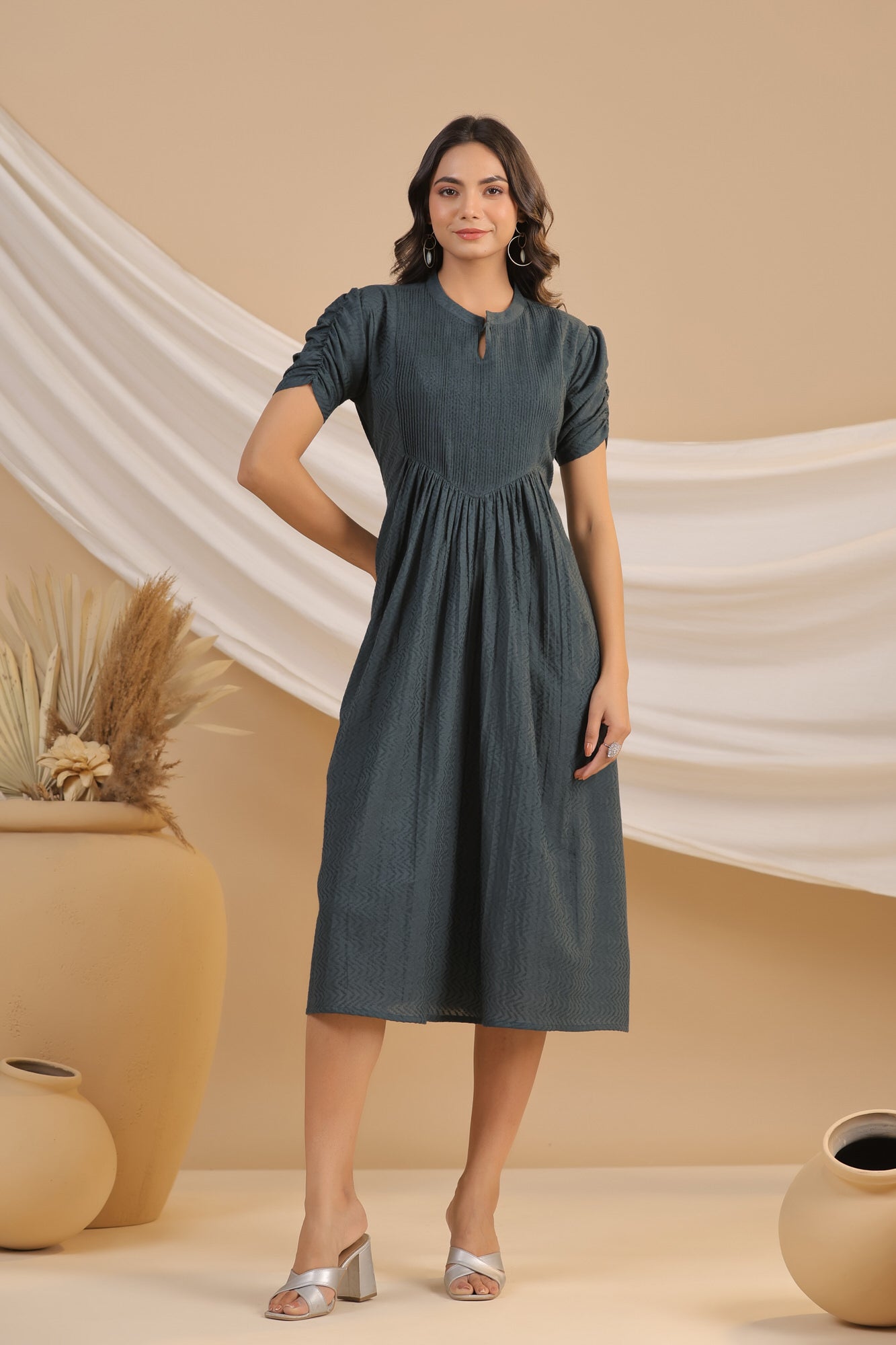 Greige Cotton Flex Pintuck Dress