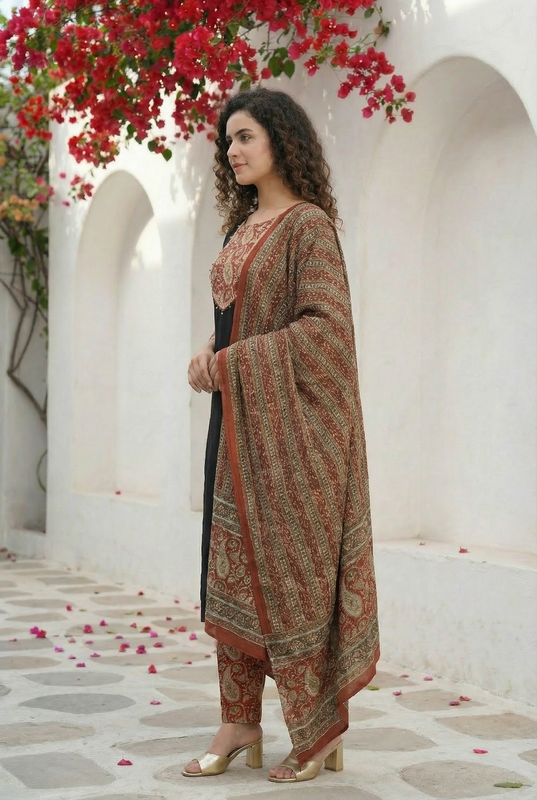 Classic Black Ethnic Kurta Set with Printed Dupatta