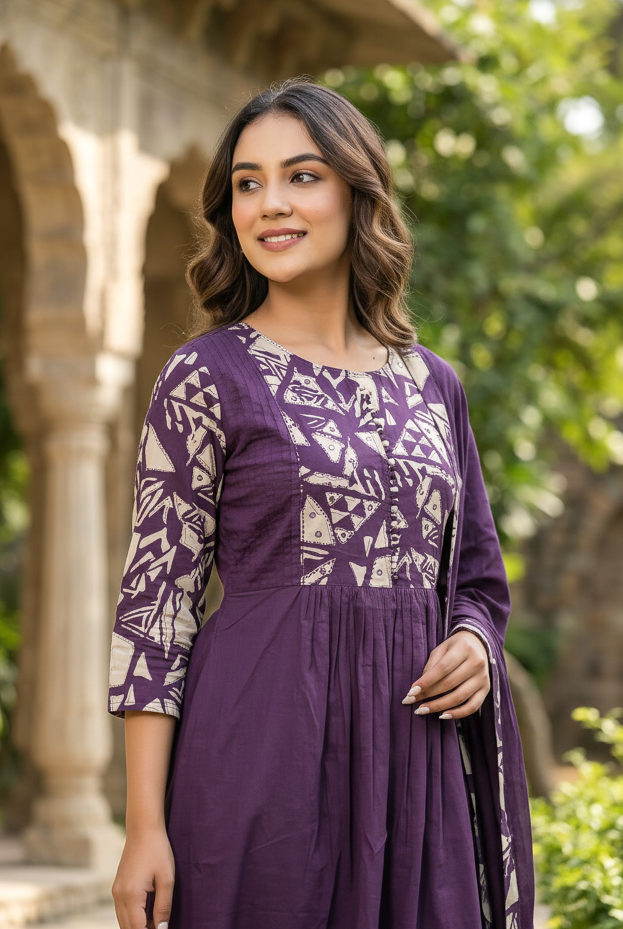 Purple Printed Cotton Kurta Set with Dupatta