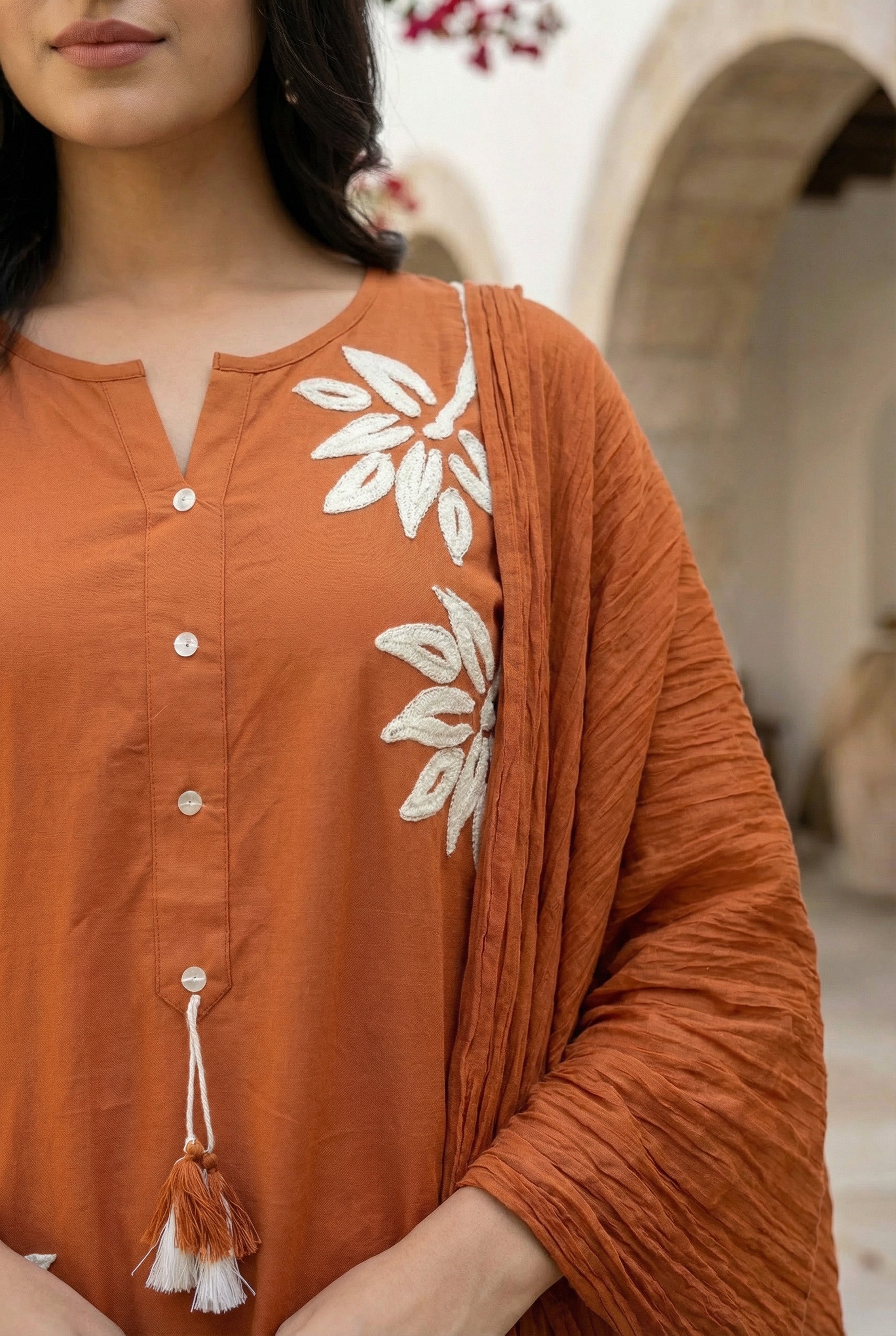 Rust Nature Leaf Embroidered Design Cotton Kurta Pant Set with Dupatta