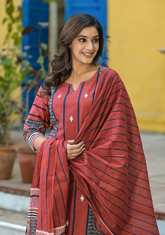 Classic Rust Red Ethnic Motif Printed Kurta Set with Dupatta