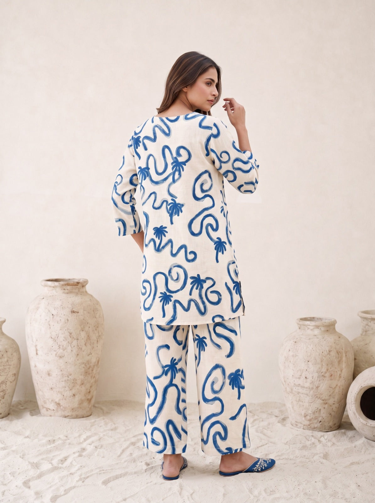 Off White Blue Wave Print Cotton Flex Co-ord Set