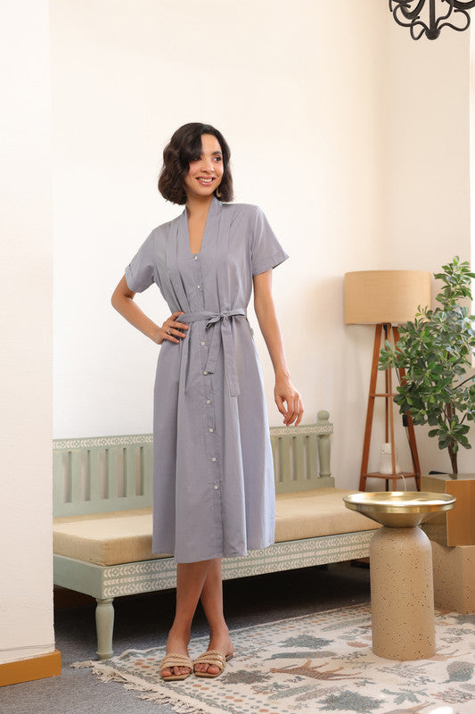 Mist Grey Button-Down Cotton Dress