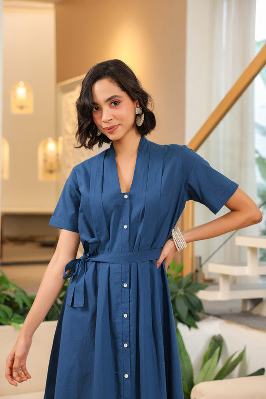 Midnight Breeze Belted Midi Cotton Dress