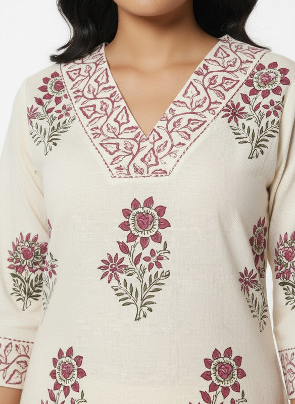 Ivory Floral Printed Ethnic Kurta Palazzo Set with Neck & Cuff Detailing