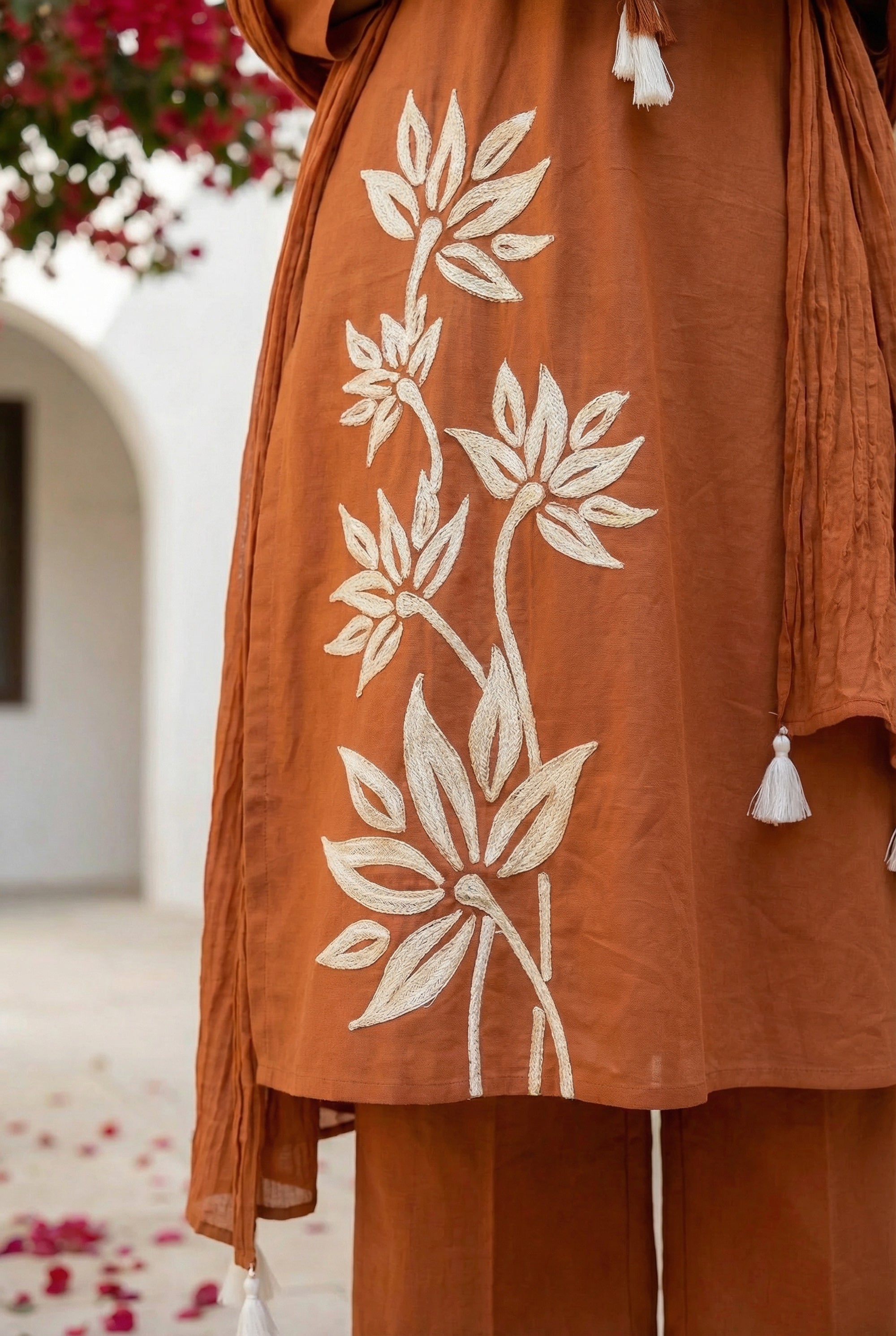Rust Nature Leaf Embroidered Design Cotton Kurta Pant Set with Dupatta