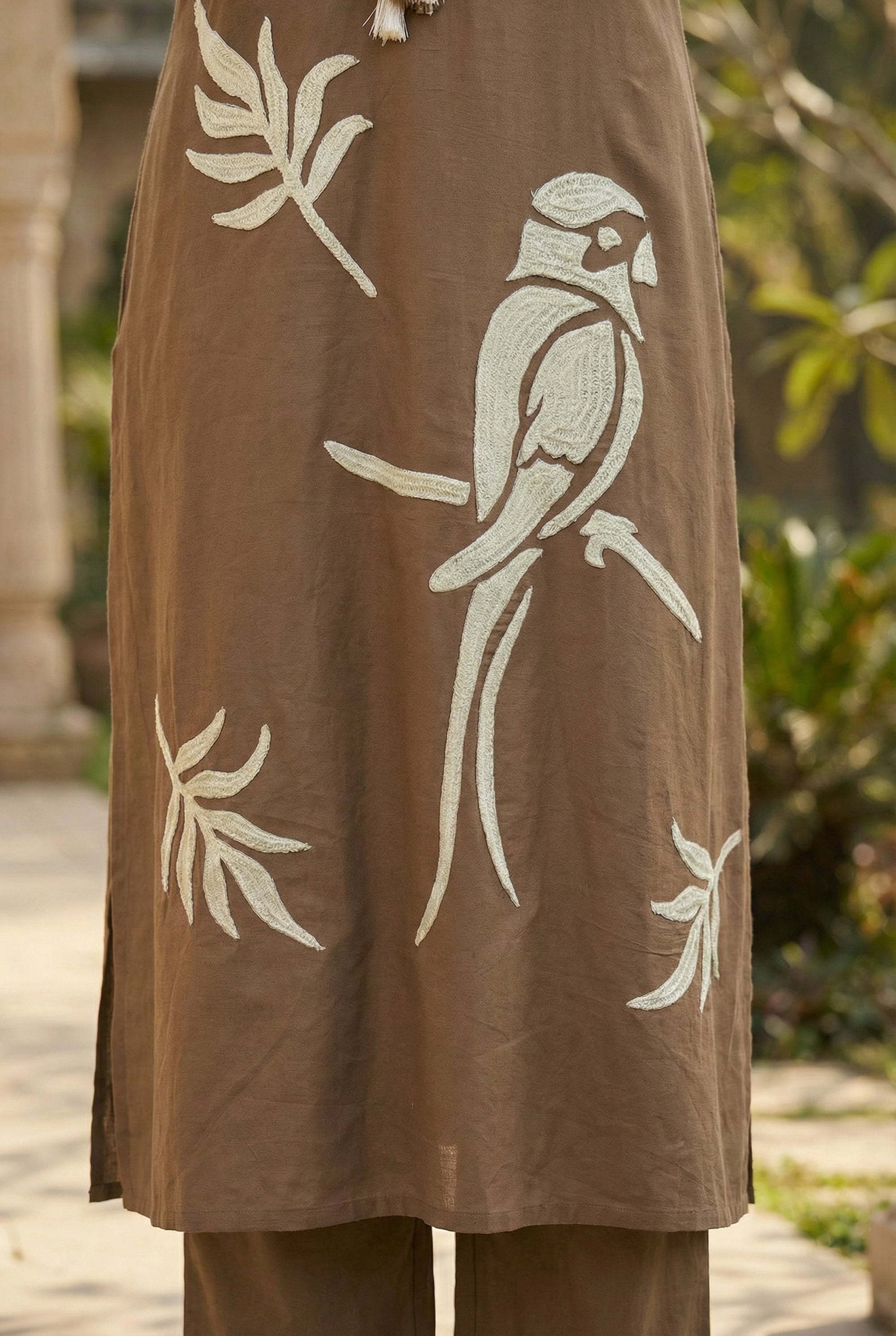 Brown Bird & Leaf Embroidered Cotton Kurta with Straight Pants & Dupatta