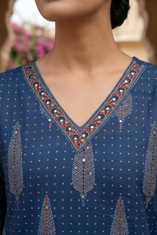 Blue Paisley Ajrakh Inspired Cotton Printed Kurta Set with Dupatta