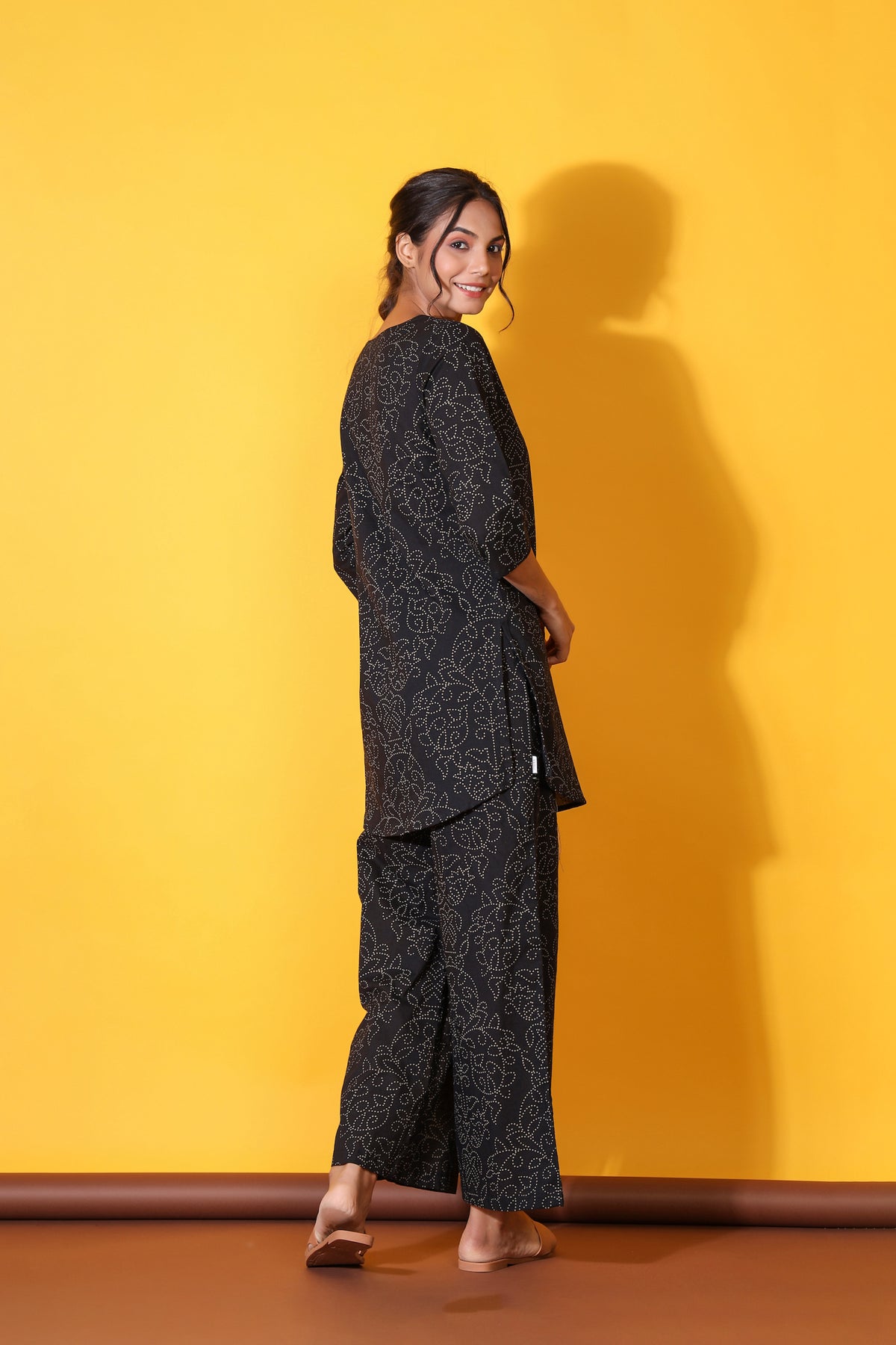 Floral Bandhani Motifs on Black Cotton Loungewear Top Set